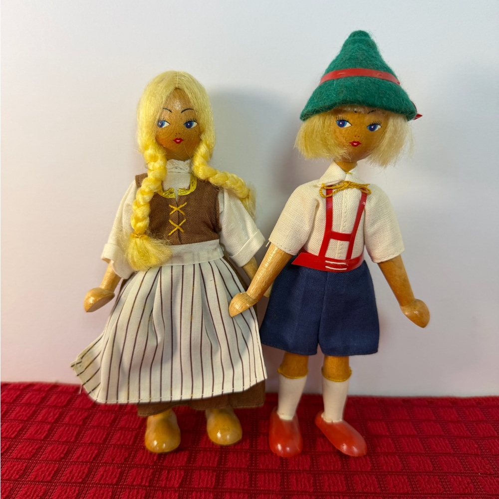 1950s Vintage Polish Wooden Peg Dolls Folk Art Hand Painted Made in Poland 8”
